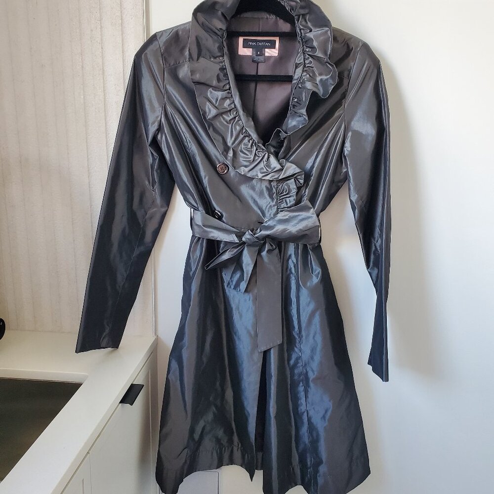Pink Tartan jacket/dress coat ruffle collar metallic silver gray Size 4